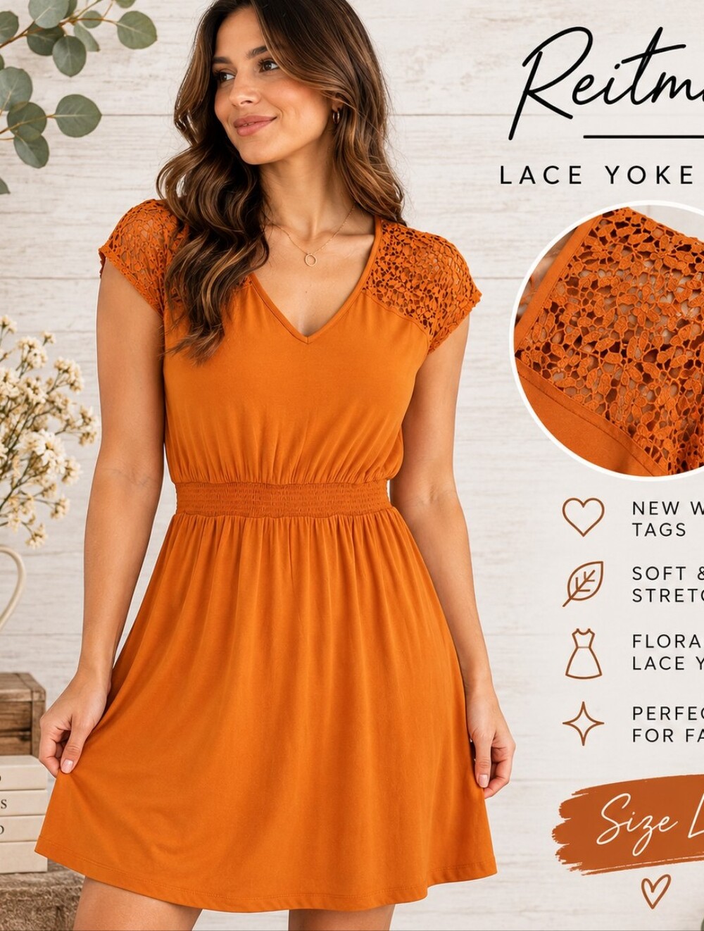 Reitmans Burnt Orange Lace Yoke Dress Size L NWT Fall Boho